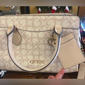 GUESS Beige Satchel with Gold Accents